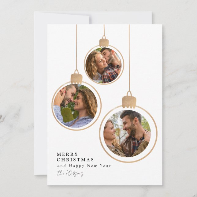 Gold Minimalist Photo Collage Family Christmas Invitation (Front)