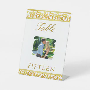 Gold Minimalist Photo Wedding Table Number  Pedestal Sign