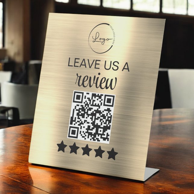 Gold Minimalist QR Leave Us a Review Business Pedestal Sign (Creator Uploaded)