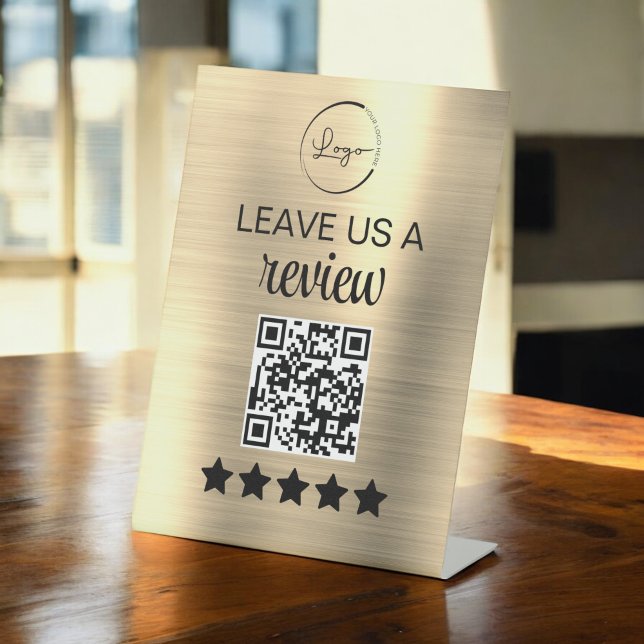 Gold Minimalist QR Leave Us a Review Business Pedestal Sign (Creator Uploaded)