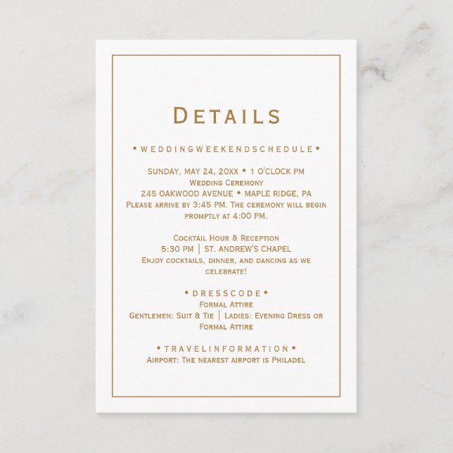 Gold Minimalist Wedding Details Card (Front)