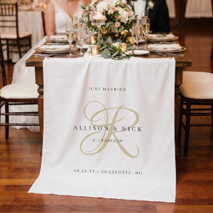 Gold Minimalistic Monogram Just Married Reception Tapestry