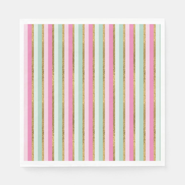 Gold Mint And Pink Stripes Napkin (Front)