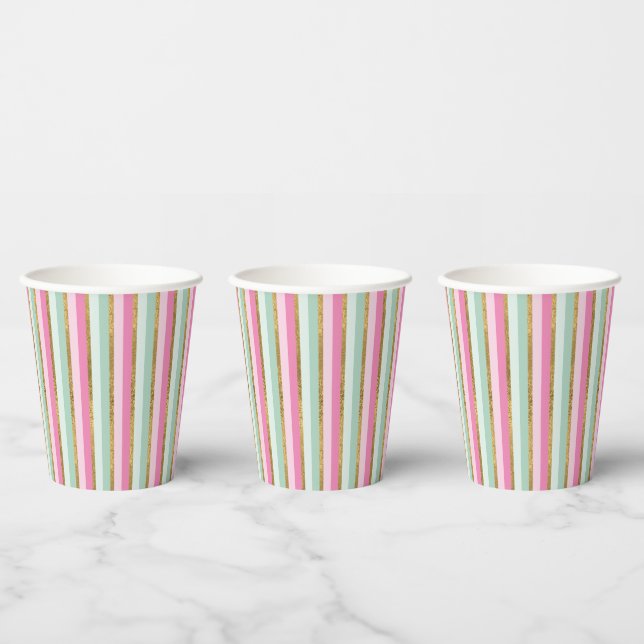 Gold Mint And Pink Stripes Paper Cups (Multi)