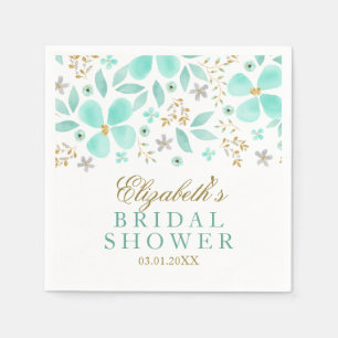 Gold Mint Floral Leaf Bridal Shower Napkins