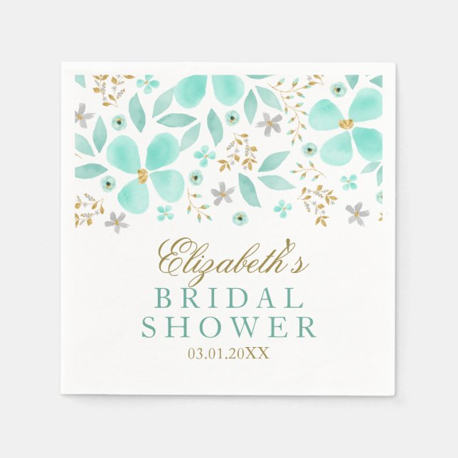 Gold Mint Floral Leaf Bridal Shower Napkins (Front)