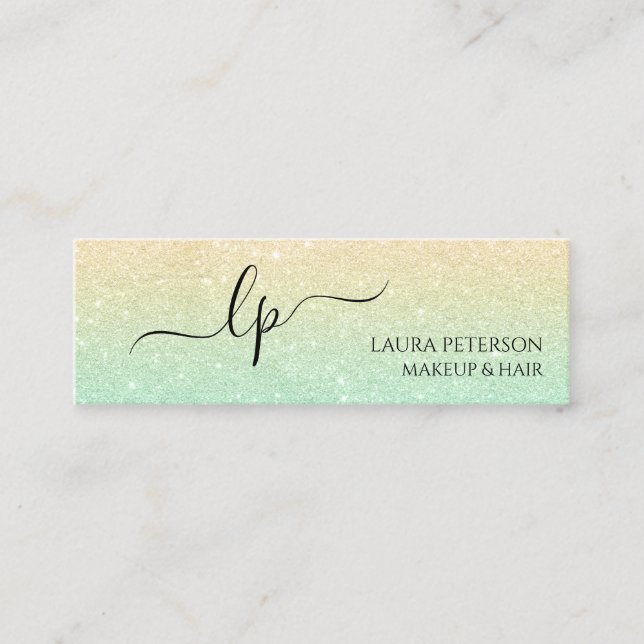 Gold mint glitter handwritten script calligraphy mini business card (Front)