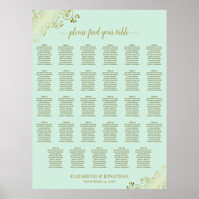 Gold & Mint Green 29 Table Wedding Seating Chart (Front)