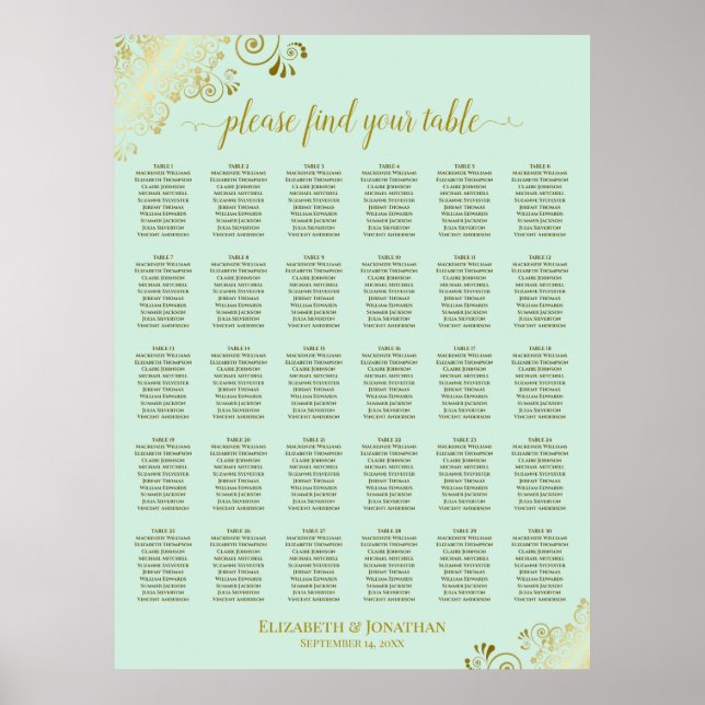 Gold & Mint Green 30 Table Wedding Seating Chart (Front)