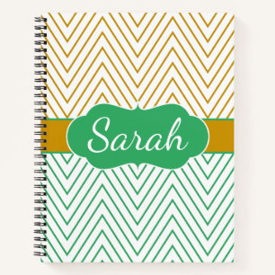 Gold Mint Green Personalised Chevron Pattern Notebook
