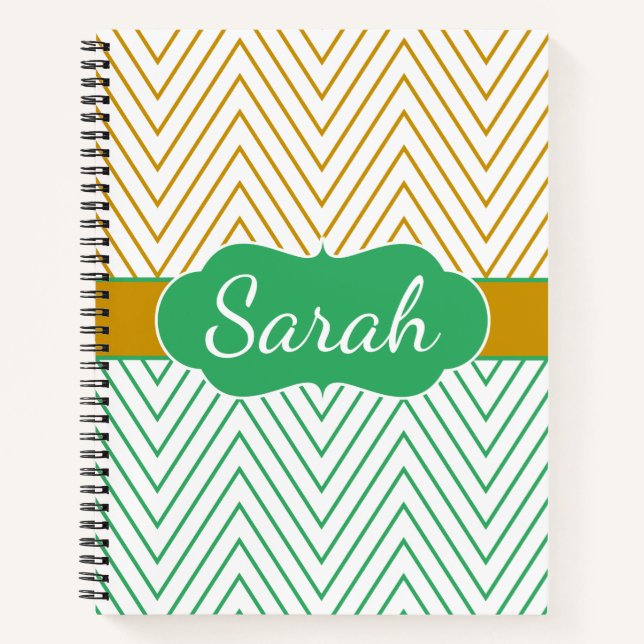 Gold Mint Green Personalised Chevron Pattern Notebook (Front)