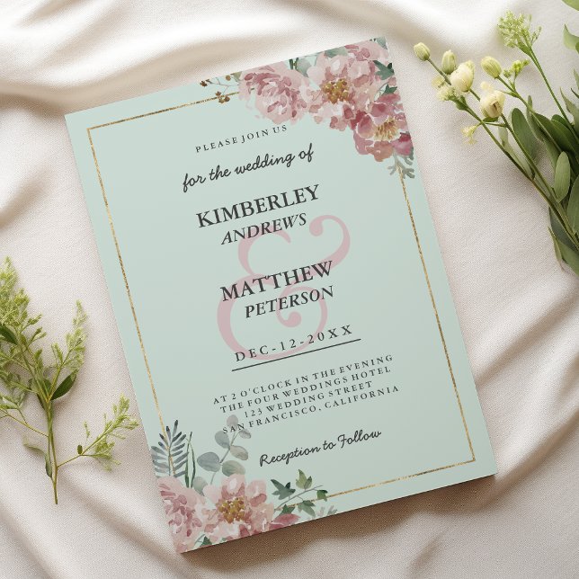Gold mint green pink watercolor floral Wedding Invitation (Gold mint green pink watercolor floral Wedding)