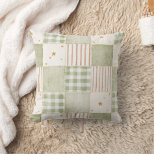Gold Mint Green Stars Stripes Patches Cushion