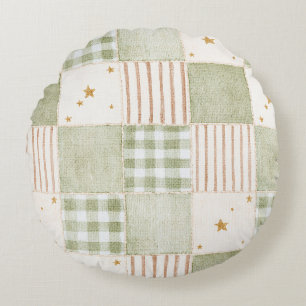 Gold Mint Green Stars Stripes Patches Round Cushion