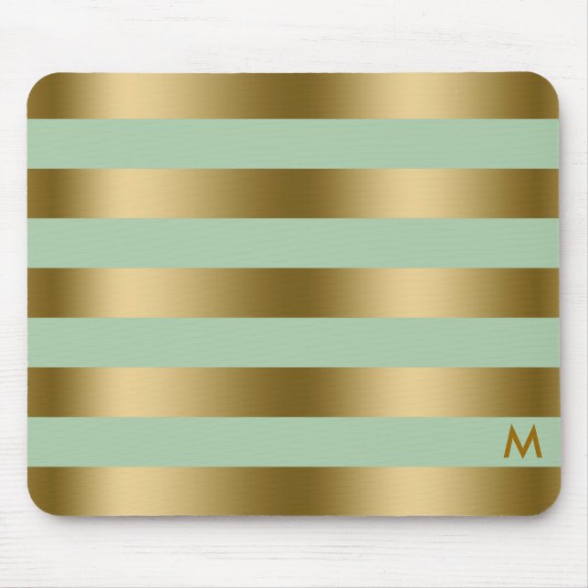 Gold & Mint-Green Stripes Geometric Pattern Mouse Pad (Front)