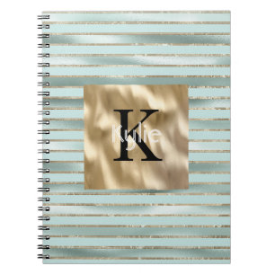 Gold Mint Green Stripes Monogram Name Notebook