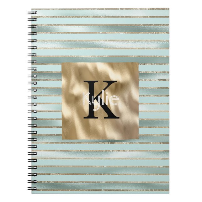 Gold Mint Green Stripes Monogram Name Notebook (Front)