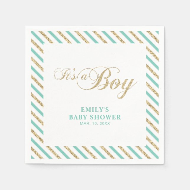 Gold & Mint | Modern Boy Baby Shower Paper Napkin (Front)
