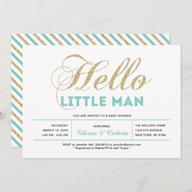 Gold, Mint | Modern Typography Boy Baby Shower Invitation (Front/Back)