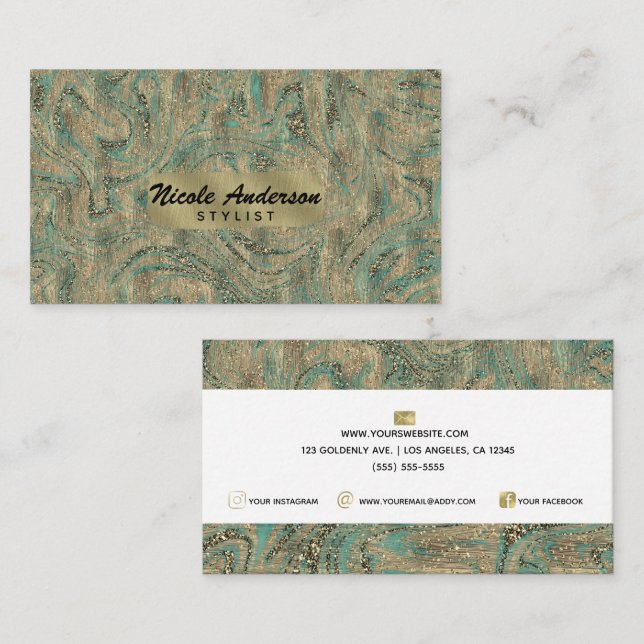 Gold & Minty Turquoise Glitter Swirl Luxury Style  Business Card (Front/Back)