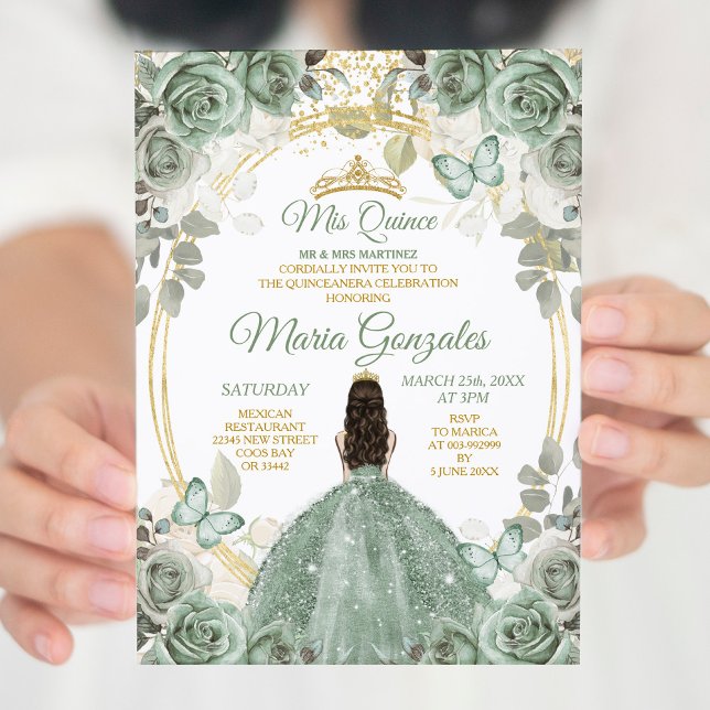 Gold Mis Quince Dusty Green Floral Quinceañera Invitation (Creator Uploaded)