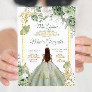 Gold Mis Quince Sage Green Floral Quinceañera Invitation