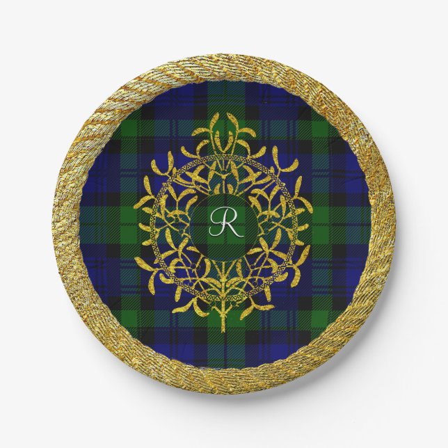 Gold Mistletoe Blackwatch Plaid Monogram Paper Plate (Front)