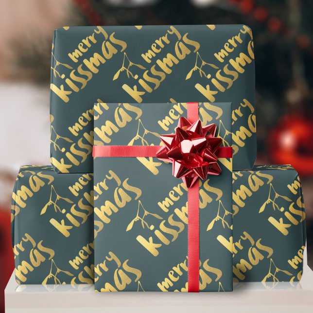 Gold Mistletoe Kissmas Christmas Wrapping Paper (Merry Kissmas wrapping paper just for you)
