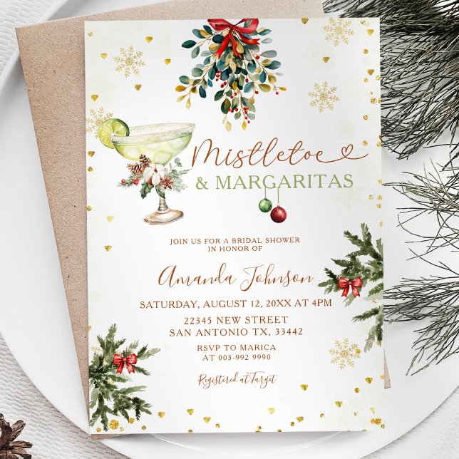 Gold Mistletoe & Margarita Christmas Bridal Shower Invitation (Creator Uploaded)