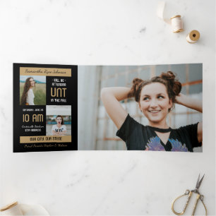 Gold Modern Block 5-Photo Graduation Tri-Fold Invitation