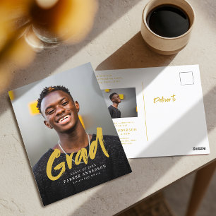Gold Modern Brush Script Photo Graduation Postcard