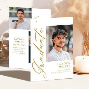 Gold Modern Calligraphy Photo Graduation Invitation