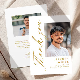 Gold Modern Calligraphy Simple Photo Graduation Thank You Card