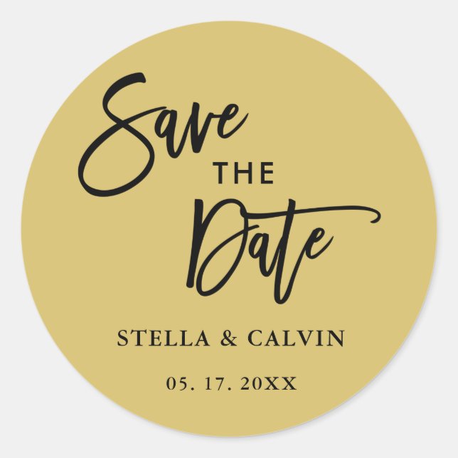 Gold Modern Calligraphy Wedding Save the Date  Classic Round Sticker (Front)
