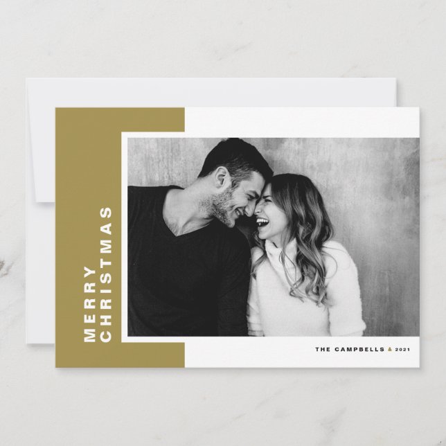 Gold Modern Colour Block Merry Christmas Photo Holiday Card (Front)