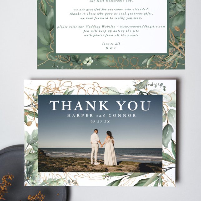 Gold Modern Eucalyptus Elegant Greenery Moss Photo Thank You Card (Creator Uploaded)