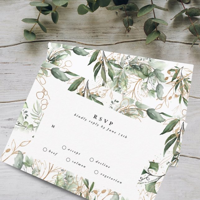 Gold Modern Eucalyptus Modern Greenery Moss RSVP Card (Creator Uploaded)