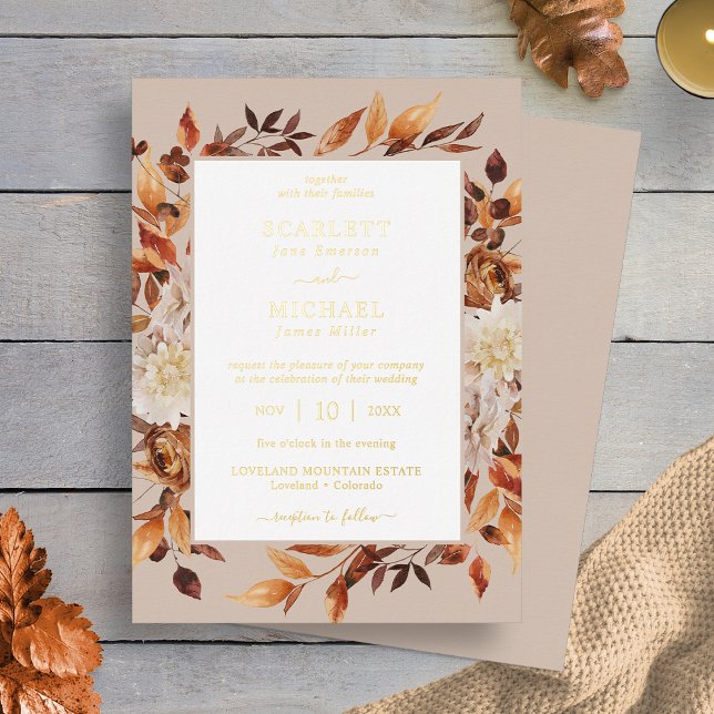 Gold Modern Fall Wedding (Gold Modern Fall Floral Taupe Wedding Foil Invitation by Painted Paperie
)