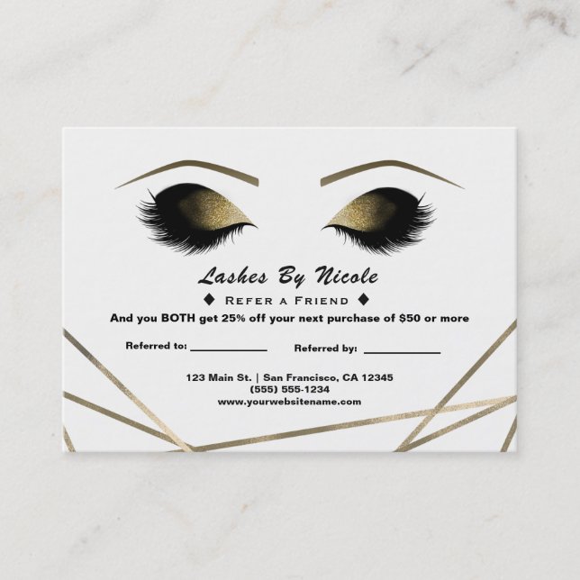 Gold Modern Glam Eyelashes Refer Friend Aftercare Referral Card (Front)