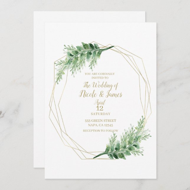 Gold Modern Glam Geometric Botanical Wedding Invitation (Front/Back)