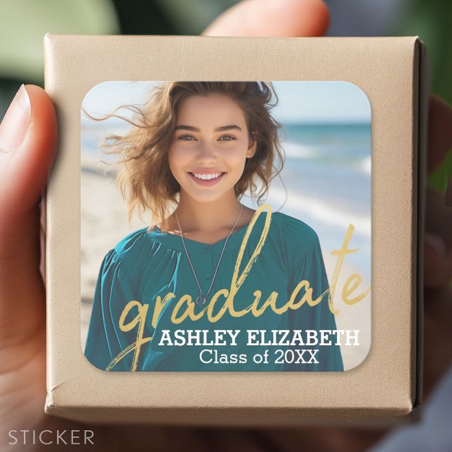 Gold Modern Graduate Script Photo Graduation Square Sticker (Custom Sticker - Personalize with your info for a party favor or gift)