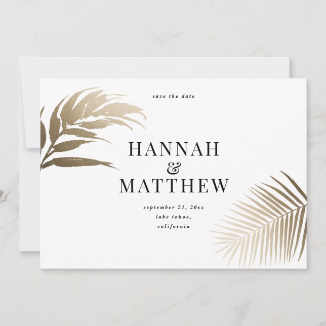 Gold modern minimal botanical tropical wedding save the date (Front)
