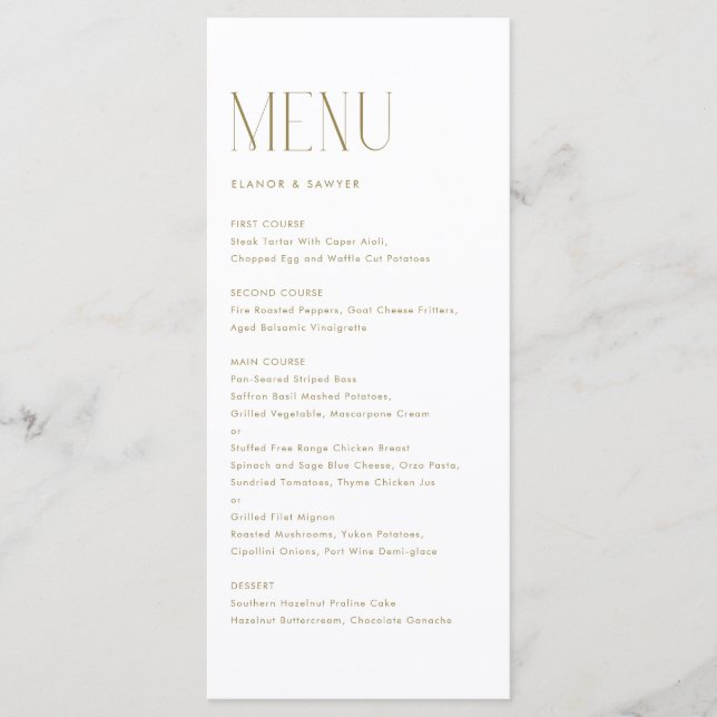 Gold Modern Minimalist Typography Wedding Menu (Front)