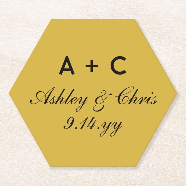 Gold Modern Personalised Wedding Reception Favour Paper Coaster (Front)