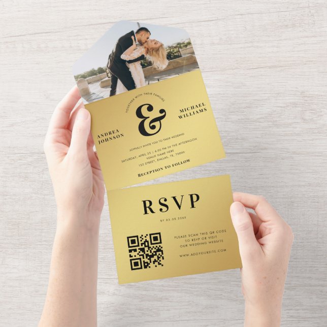 Gold Modern Photo & Ampersand Wedding QR Code All In One Invitation (Tearaway)