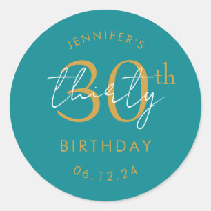 Gold Modern Script 30th Birthday Party Turquoise Classic Round Sticker