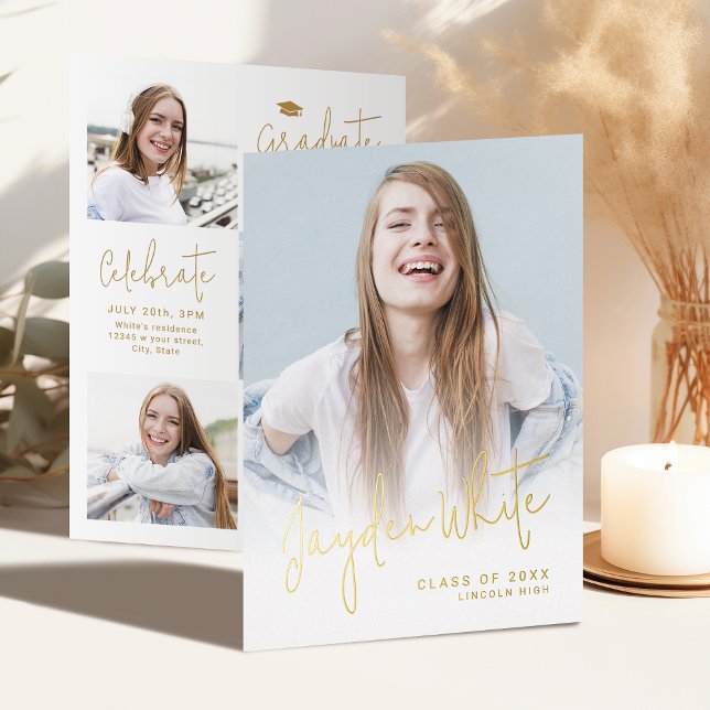 Gold Modern Script 4 Photo Graduation Announcement (Gold Modern Script 4 Photo Graduation Announcement)