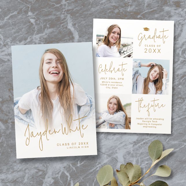 Gold Modern Script 4 Photo Graduation Announcement (Gold Modern Script 4 Photo Graduation Announcement)