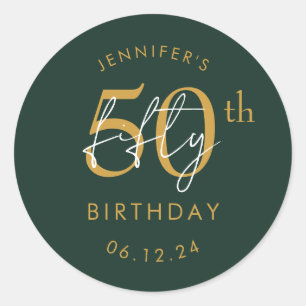 Gold Modern Script 50th Birthday Party Green Classic Round Sticker