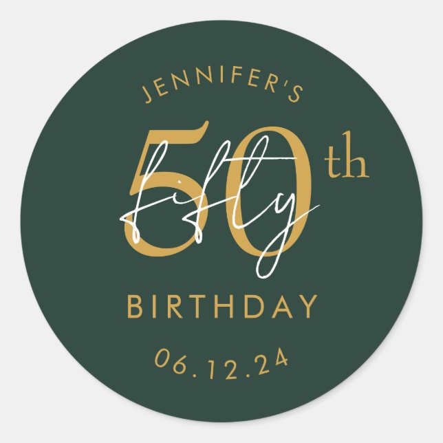Gold Modern Script 50th Birthday Party Green Classic Round Sticker (Front)